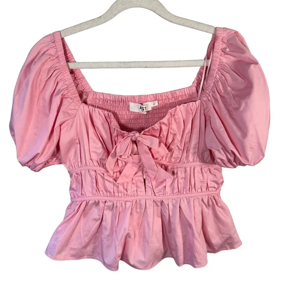 Astr The Label Smocked Pink Puff Peplum Sleeve Blouse Size S Cottagecore Boho - Picture 8 of 13